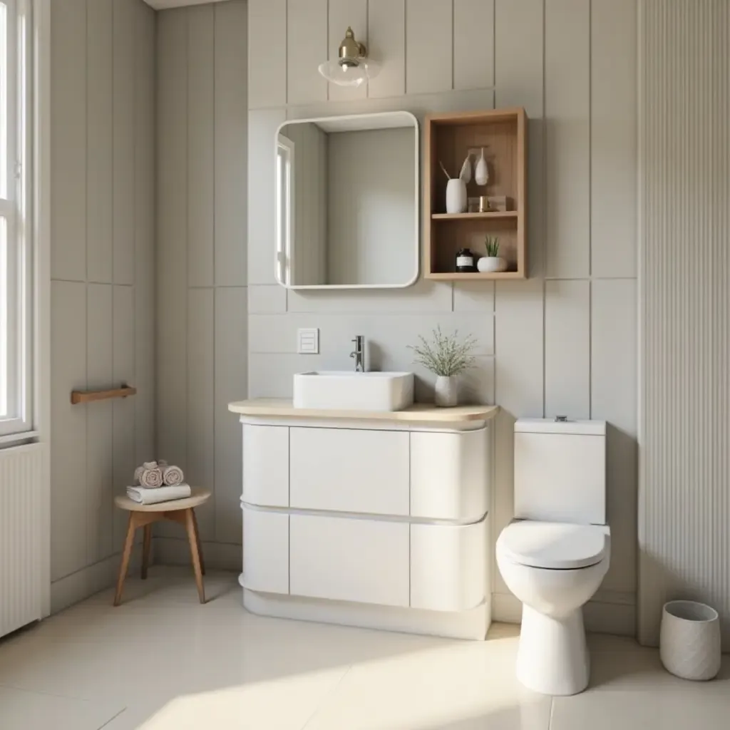 a photo of a small bathroom featuring a sleek, contemporary design and neutral colors