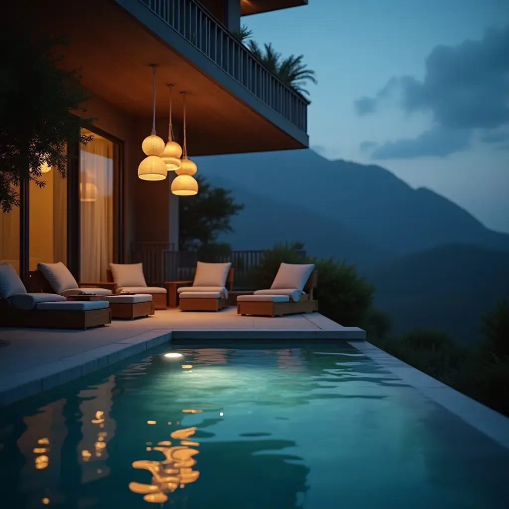 a photo of a balcony with pendant lights reflecting in water