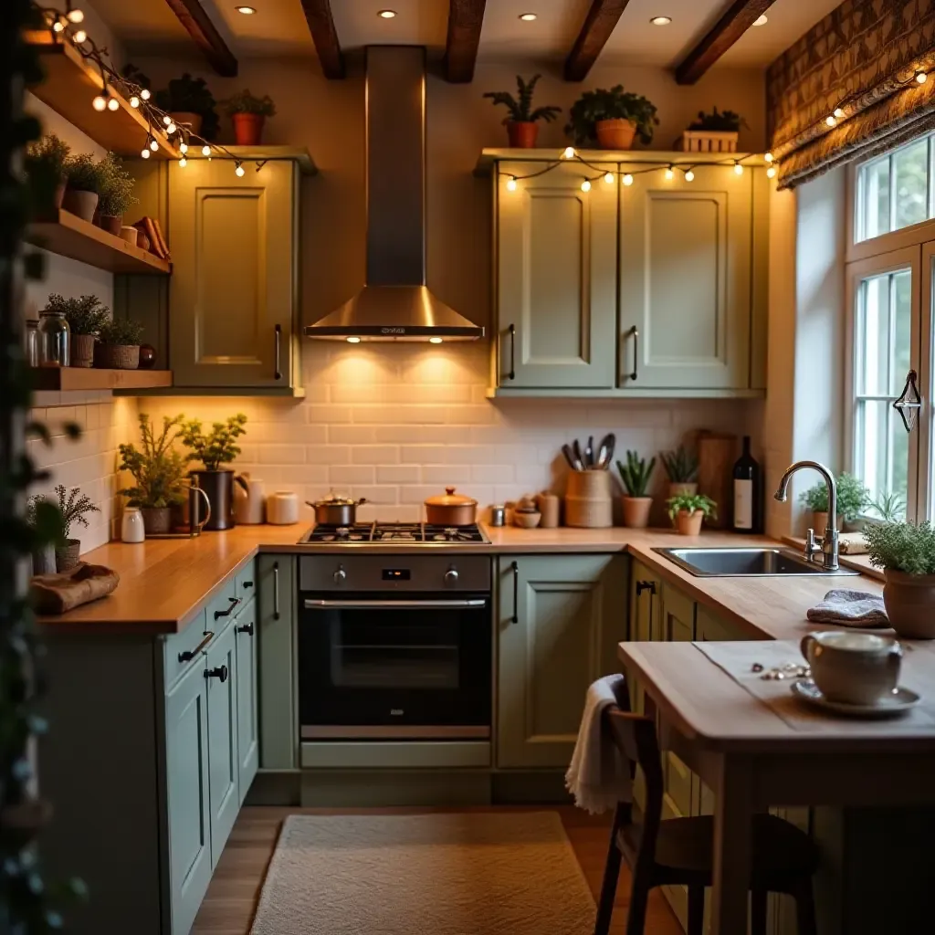 a photo of a cozy kitchen with fairy lights and soft textiles