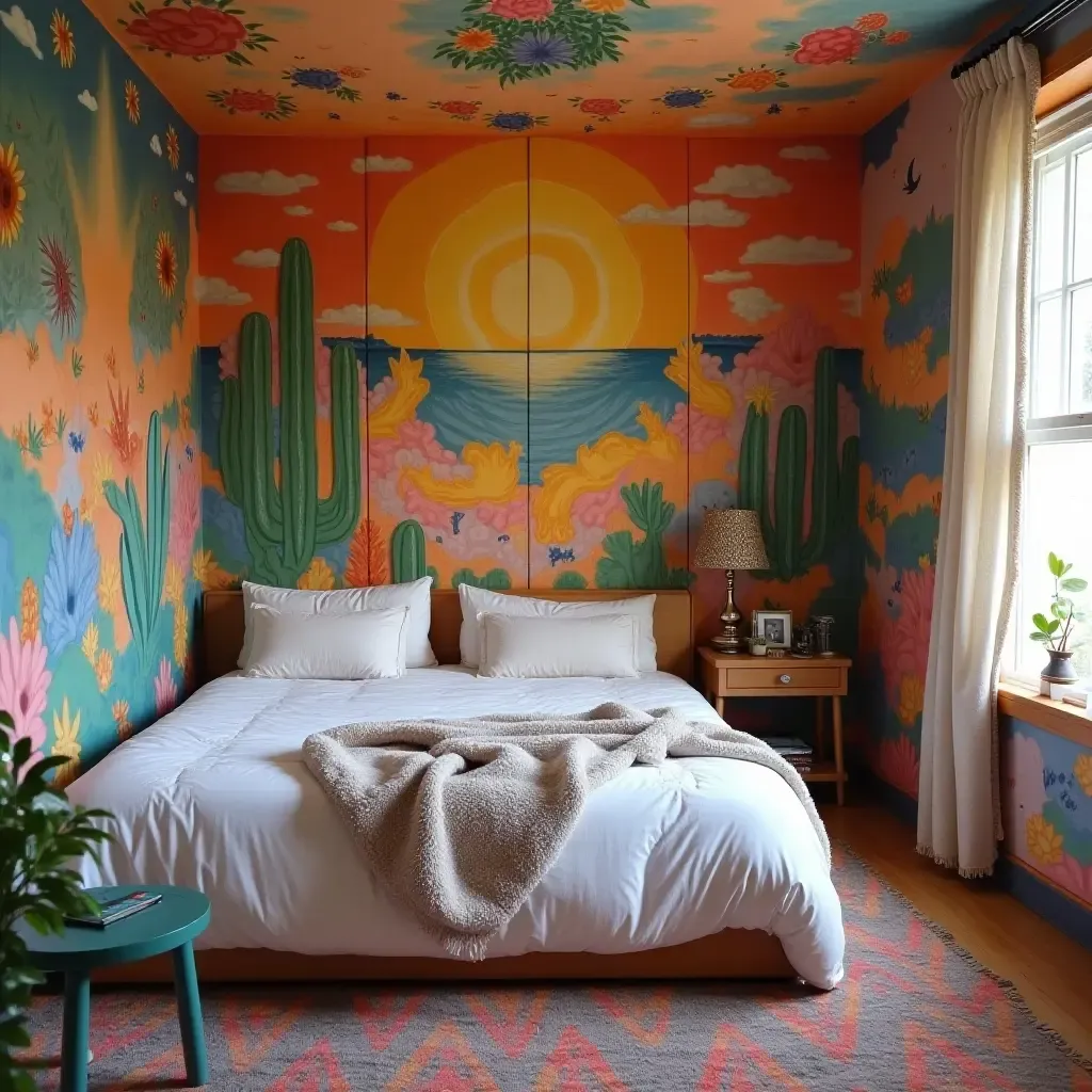 a photo of a shared bedroom with a vibrant mural and cozy shared spaces