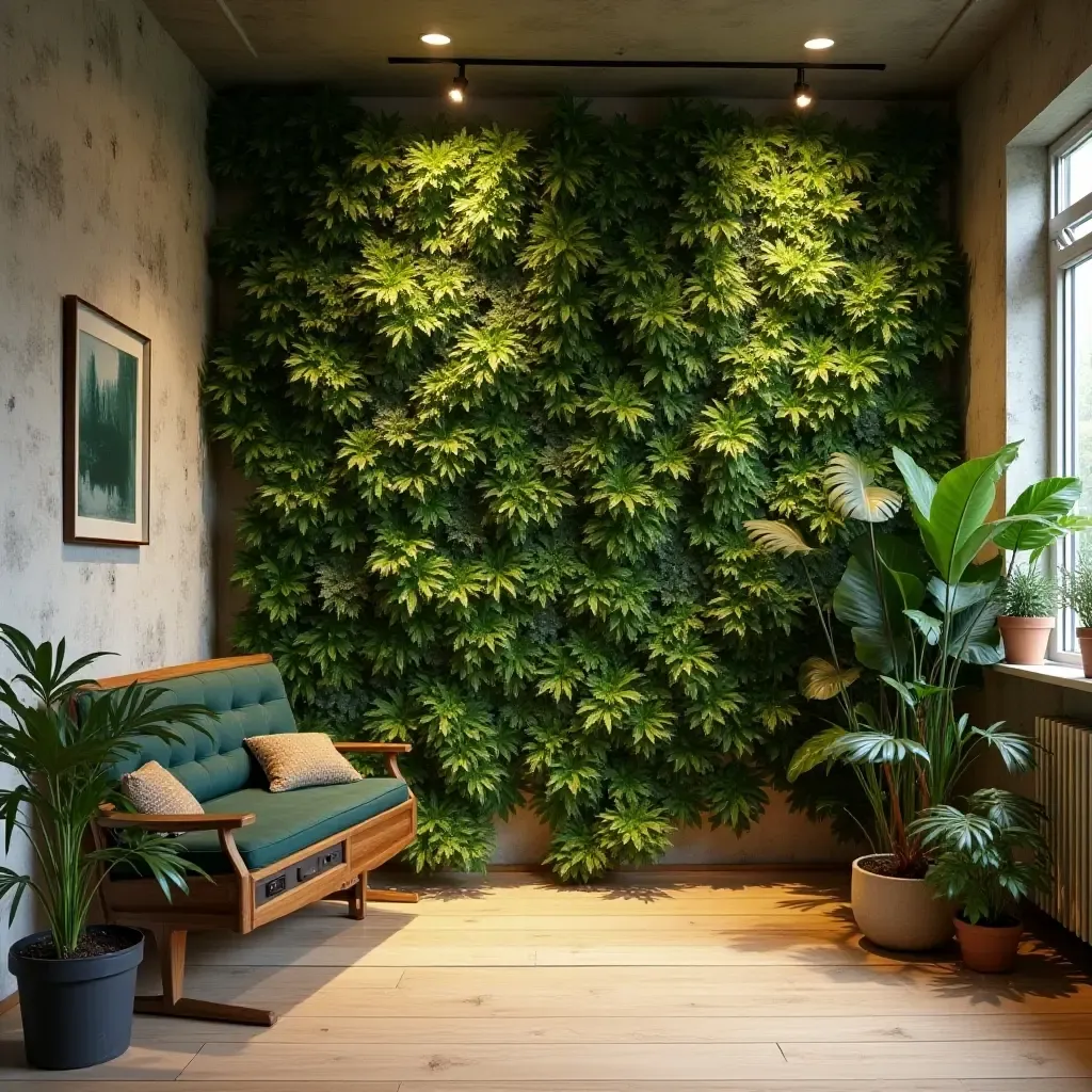 a photo of a basement with a creative plant wall art installation