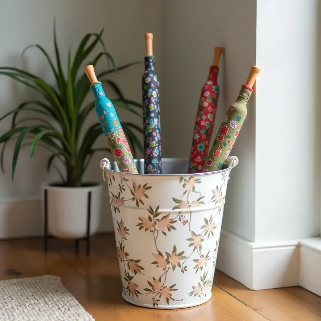 a photo of a decorative DIY umbrella holder made from a bucket