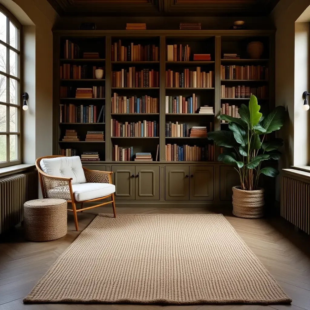 a photo of a handwoven jute rug in a rustic library setting