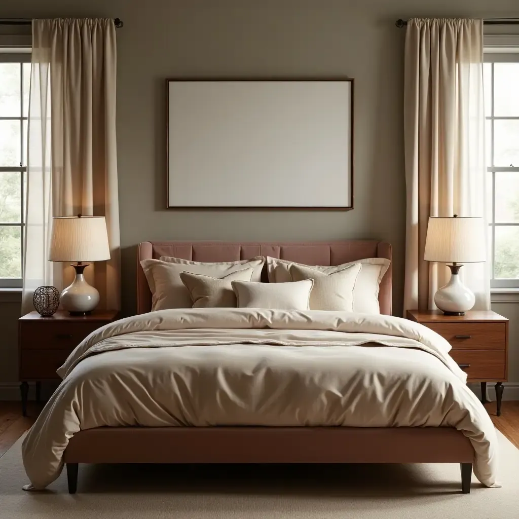 a photo of a velvet bedspread paired with wooden nightstands and linen curtains