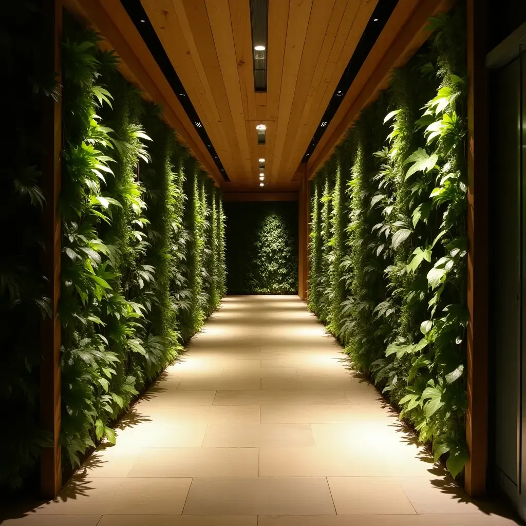 a photo of a corridor featuring a vertical garden and ambient lighting