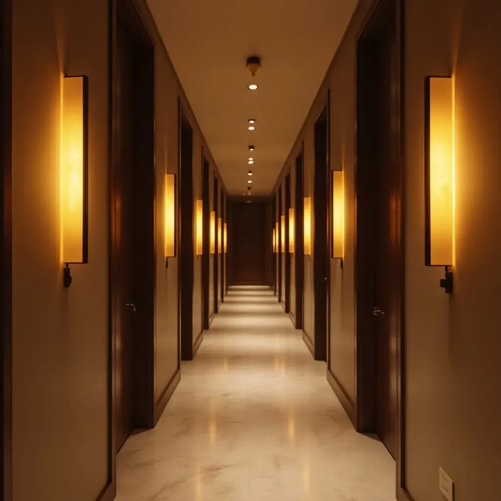 a photo of a corridor with elegant sconces and soft lighting