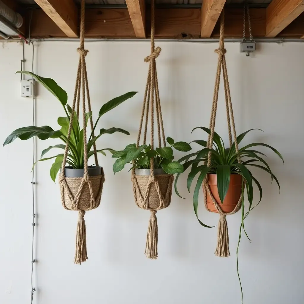 a photo of a basement with DIY plant hangers made from rope