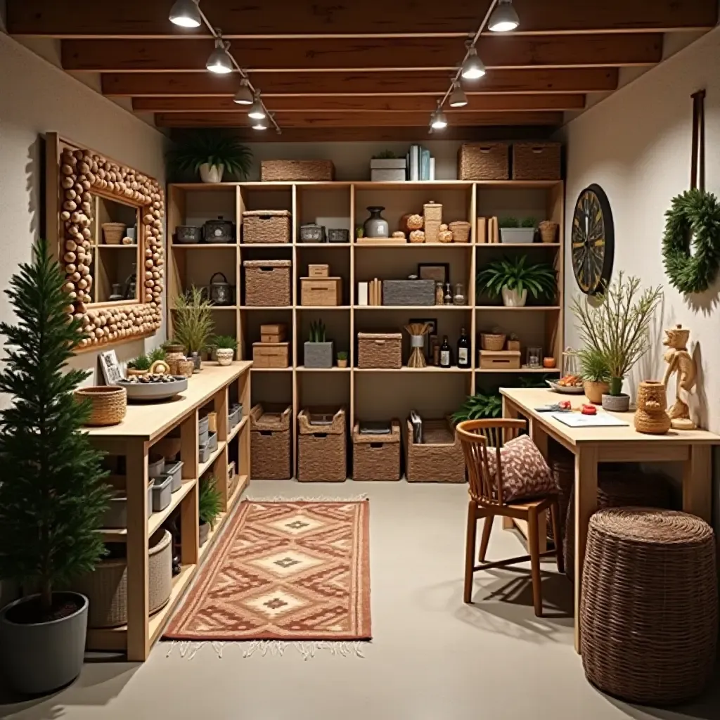 a photo of a basement with organized seasonal decor storage