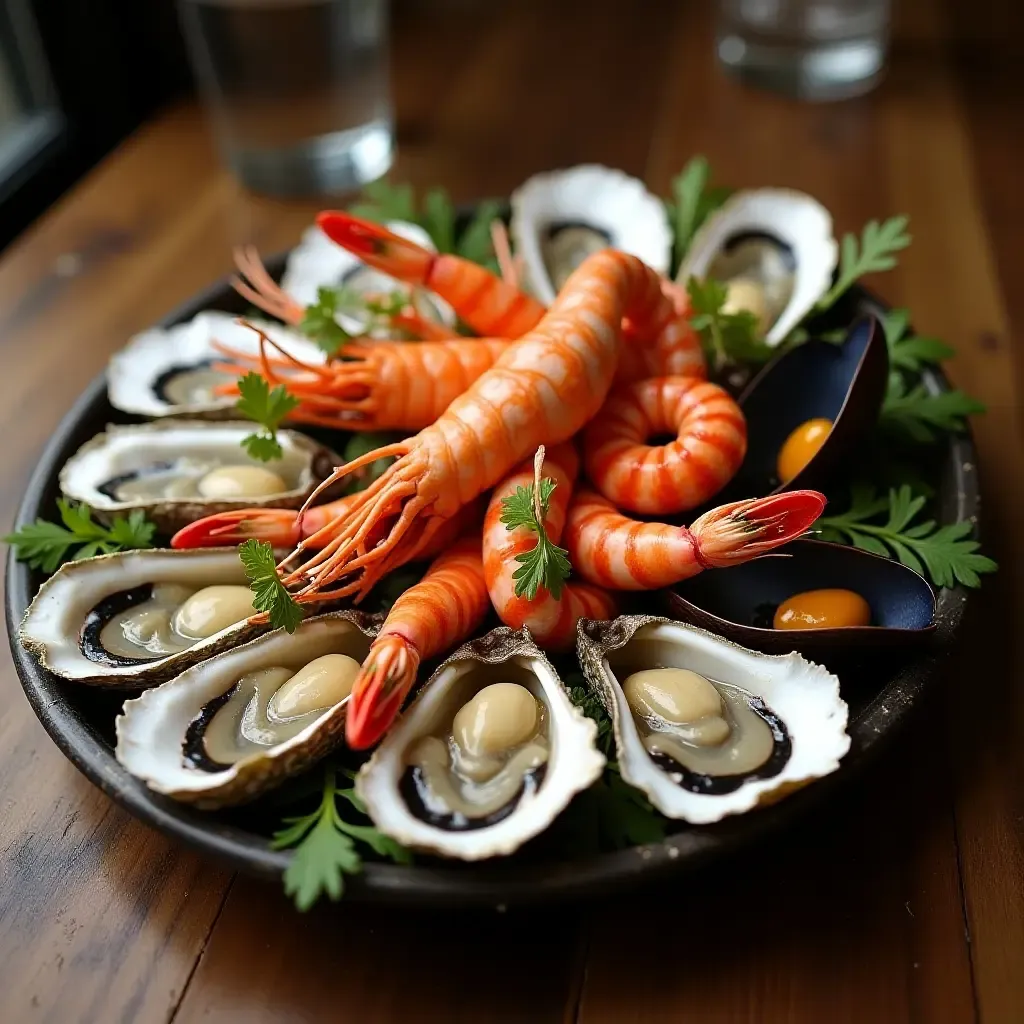 a photo of a vibrant French seafood platter with oysters, shrimp, and mussels on a rustic wooden table.