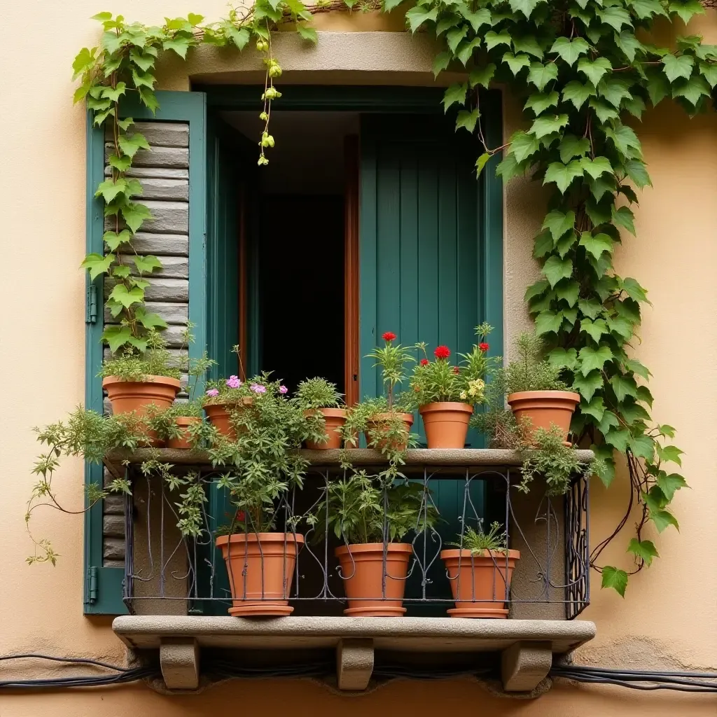 a photo of a balcony adorned with terracotta pots and climbing vines