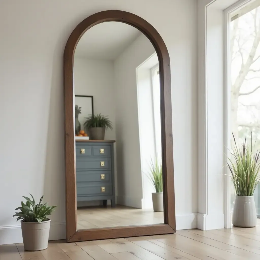 a photo of a large, industrial-style mirror reflecting hallway decor