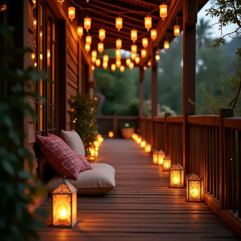 a photo of a balcony adorned with lanterns and cushions