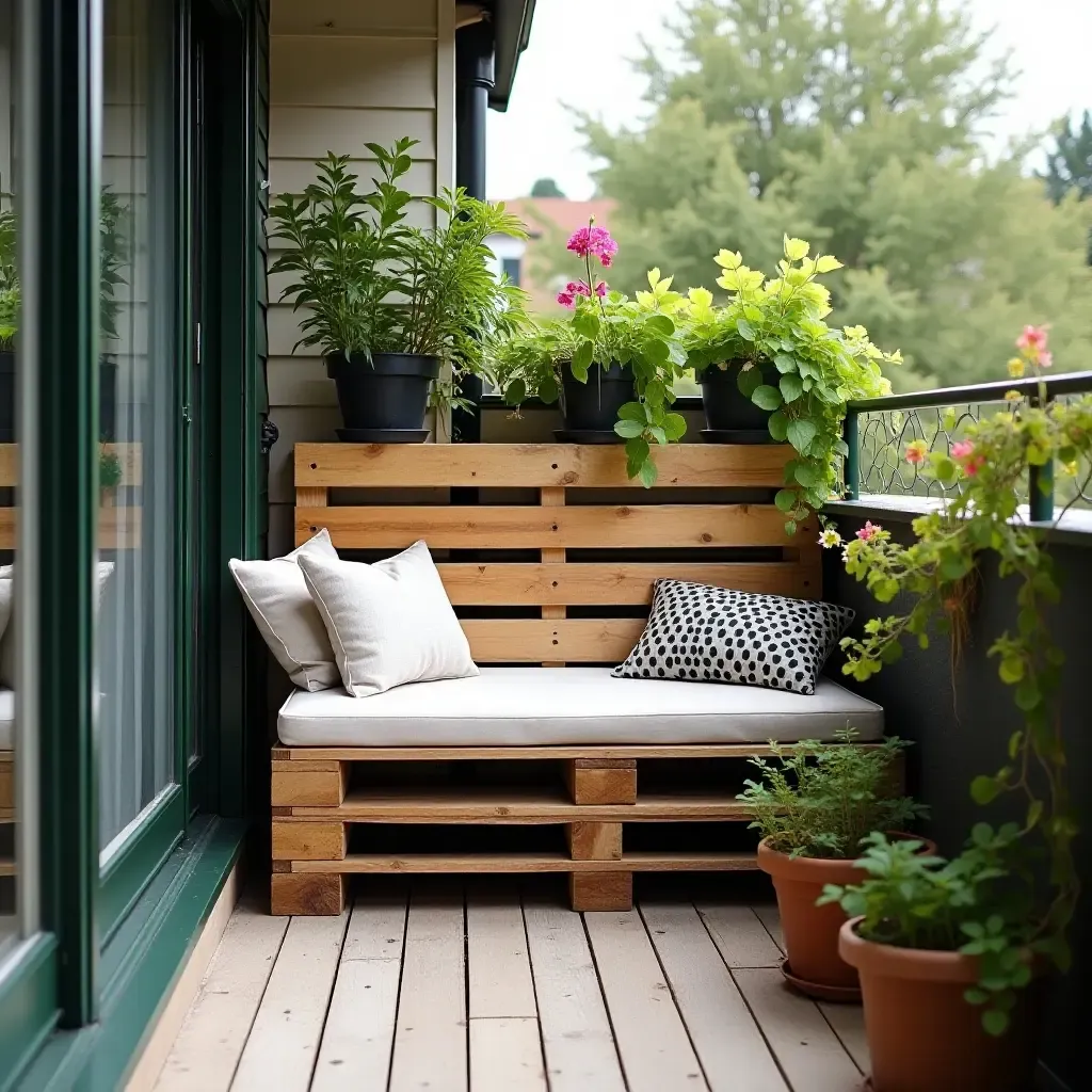 a photo of a small balcony with a DIY pallet bench surrounded by greenery