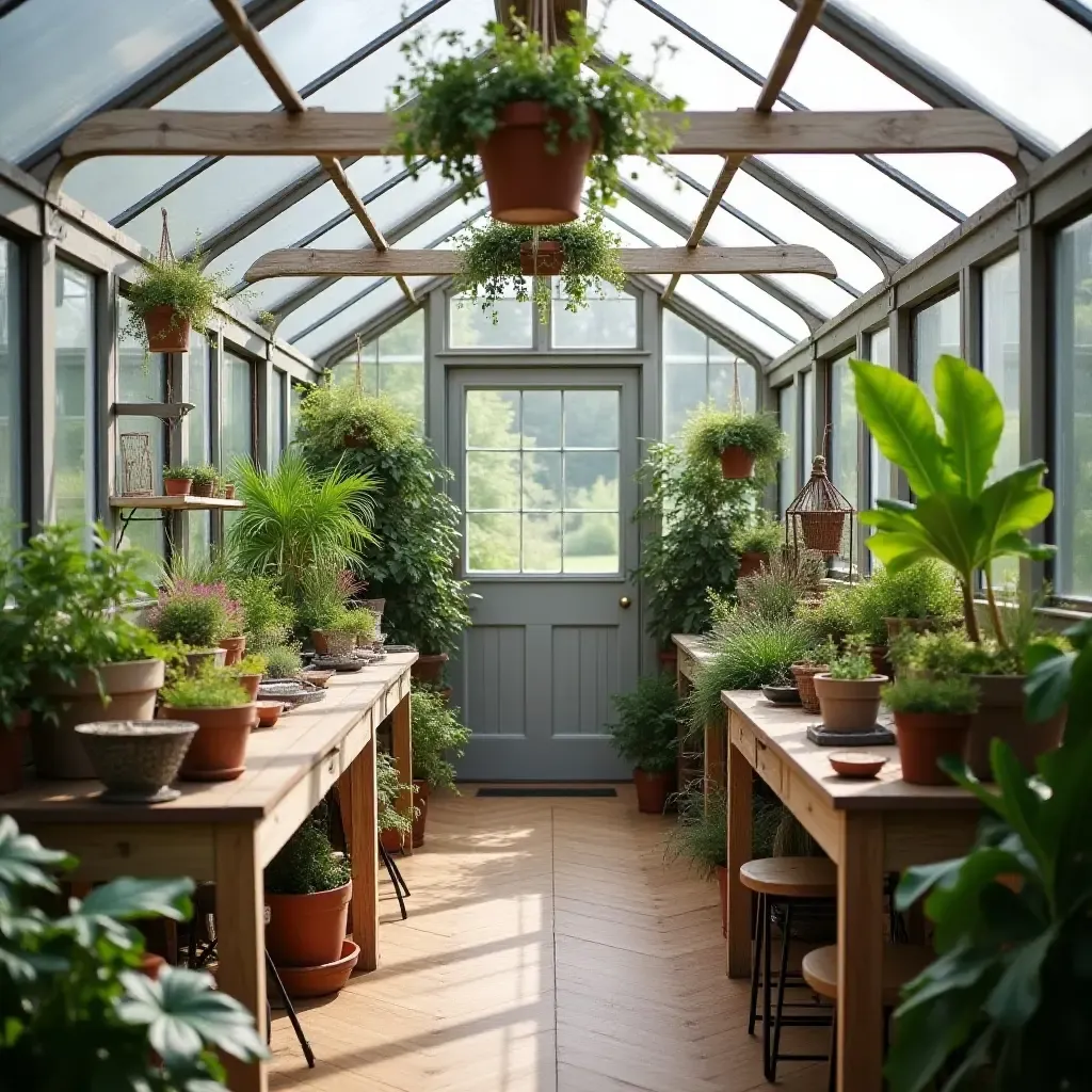 a photo of a basement greenhouse with farmhouse decor and plant arrangements