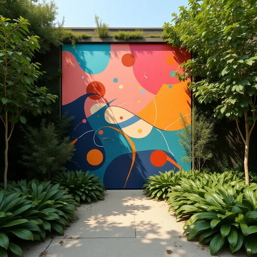 a photo of an abstract art mural in a lush garden