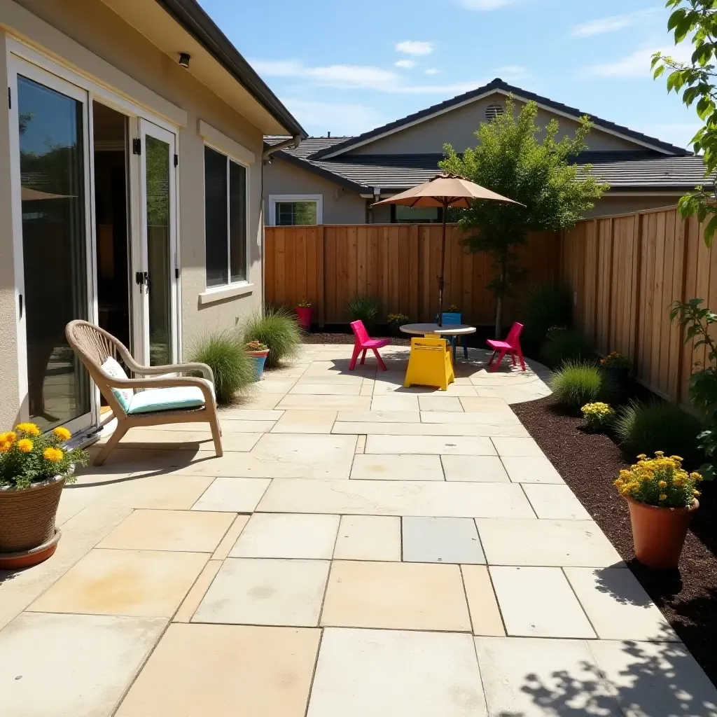 a photo of a playful concrete patio with colorful outdoor games and furniture