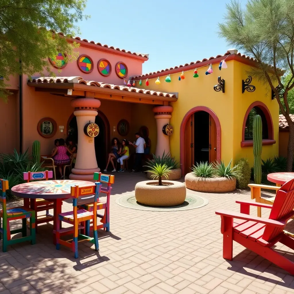 a photo of a playful outdoor game area featuring Mexican-themed decorations and colorful furniture