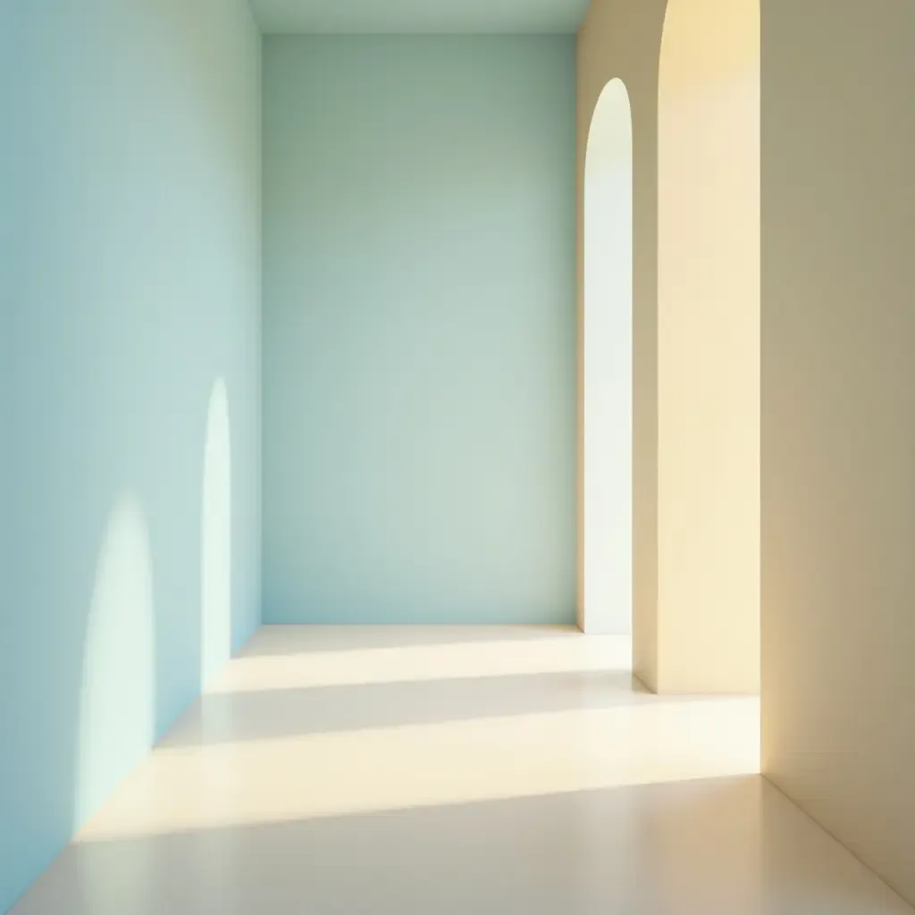 a photo of a sky blue and warm beige corridor