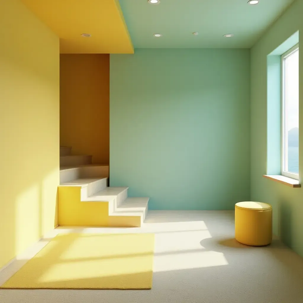 a photo of a basement decorated with sunny yellow and calming seafoam colors