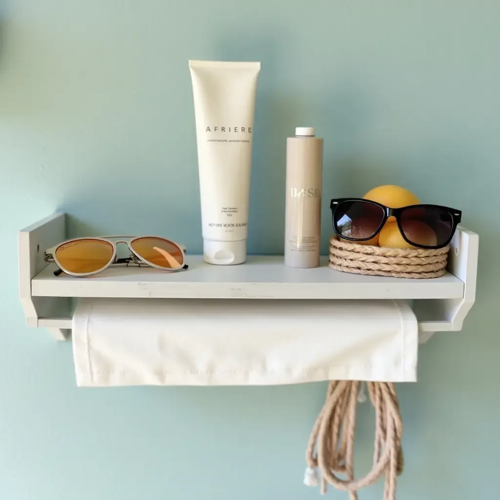 a photo of a functional poolside shelf with sunscreen and sunglasses organized