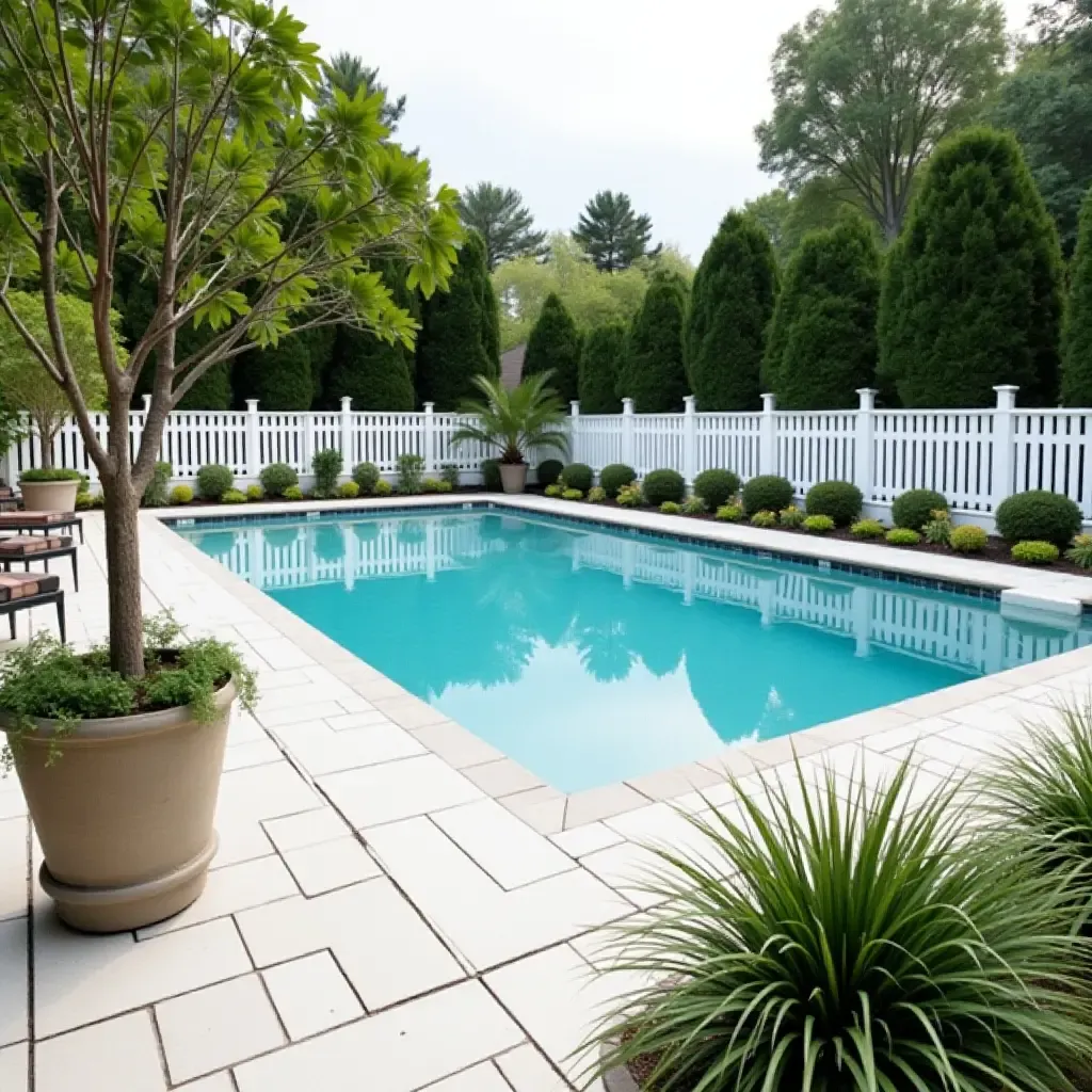 a photo of a serene pool area with white picket fencing and farmhouse planters