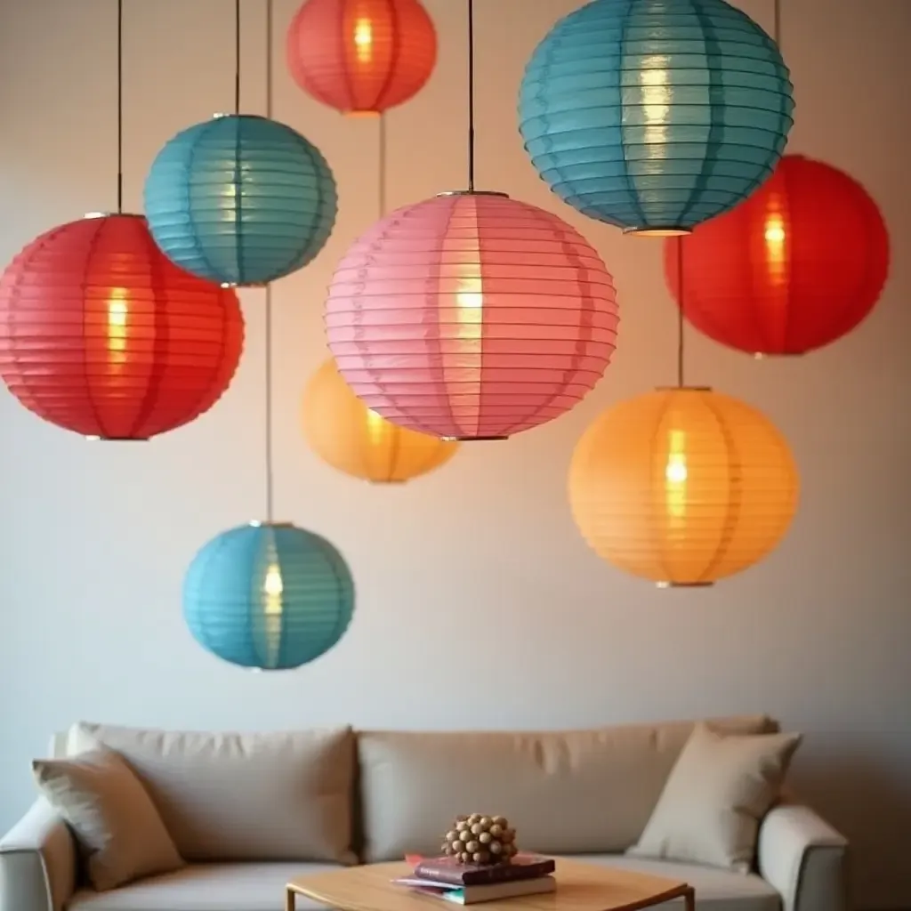 a photo of a room decorated with DIY paper lanterns in various colors