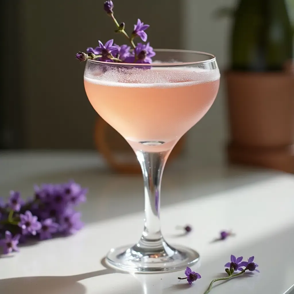 a photo of a French-inspired cocktail with lavender and champagne in a crystal glass.