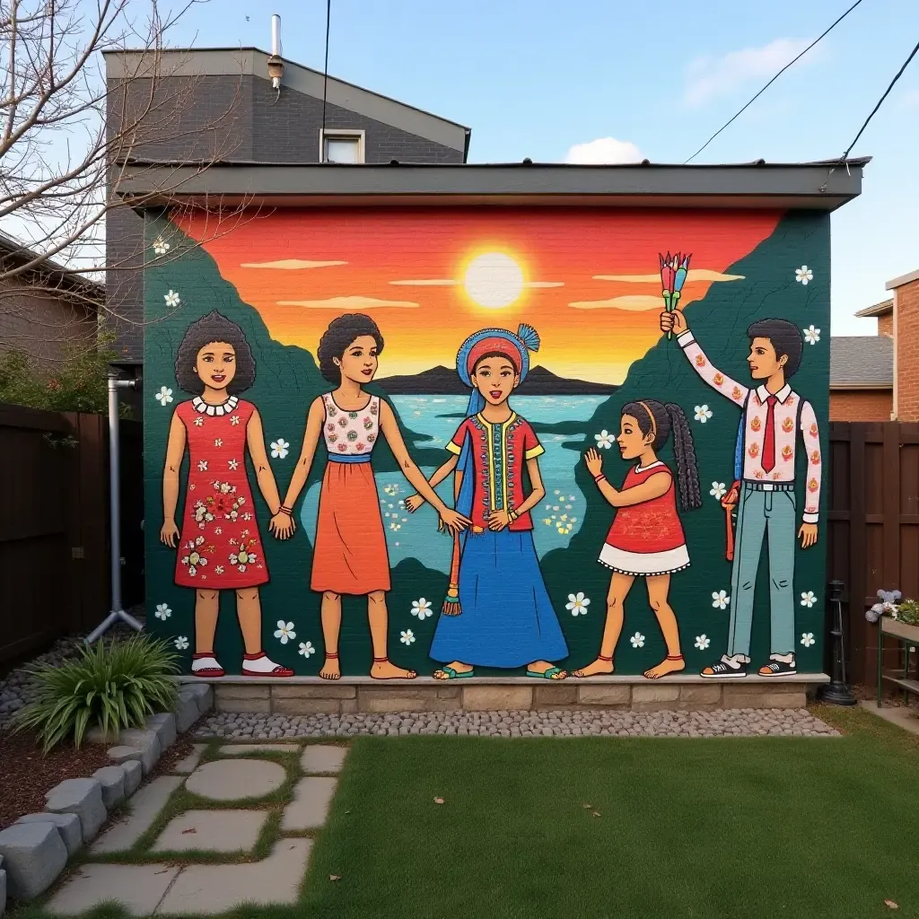 a photo of a cultural heritage mural in a backyard