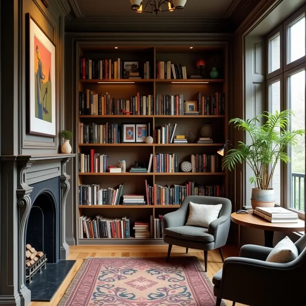 a photo of a small library with framed artwork and books