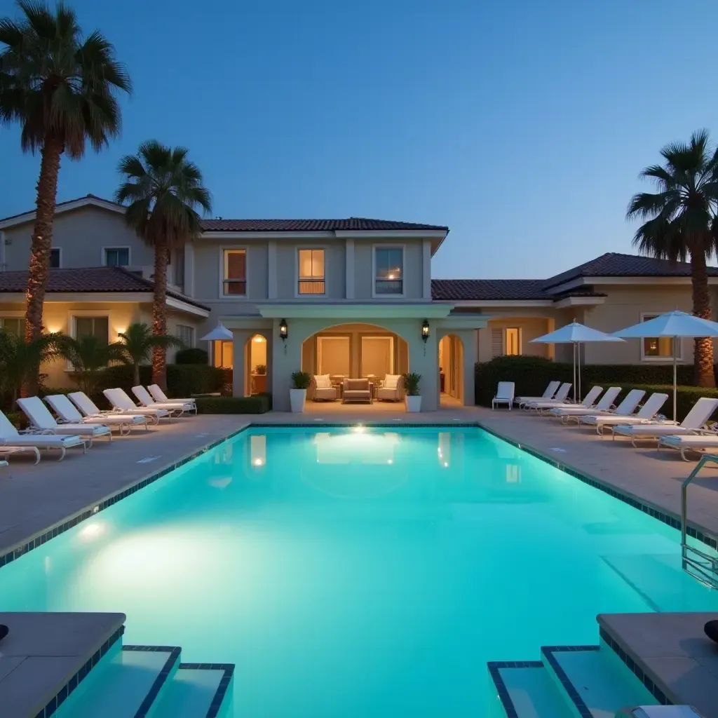 a photo of a serene pool area with white lounge chairs and soft lighting