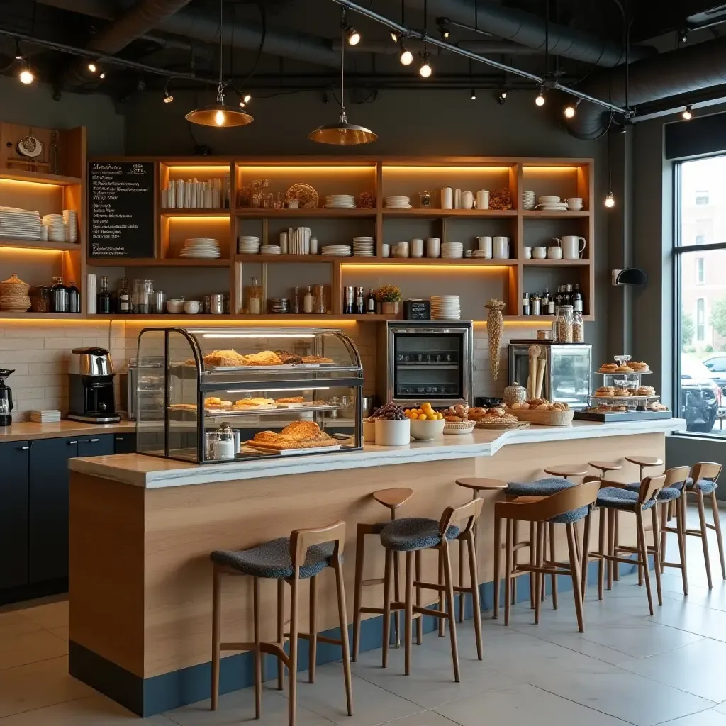 a photo of a trendy cafe with open shelves showcasing pastries and coffee supplies