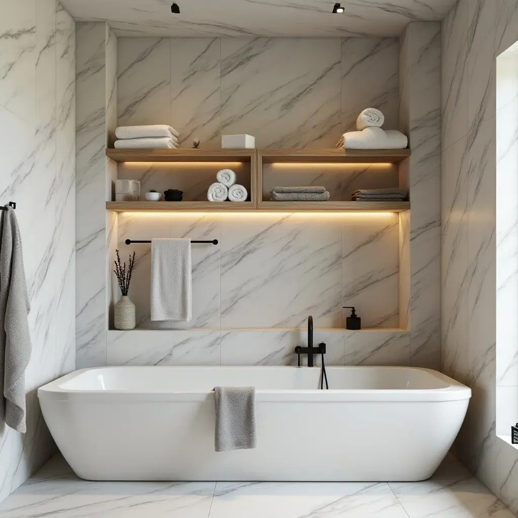 a photo of a sleek bathroom with floating shelves for towels