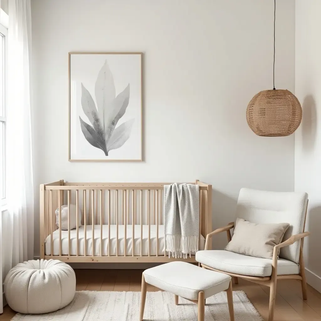 a photo of a small nursery with nature-themed decor elements