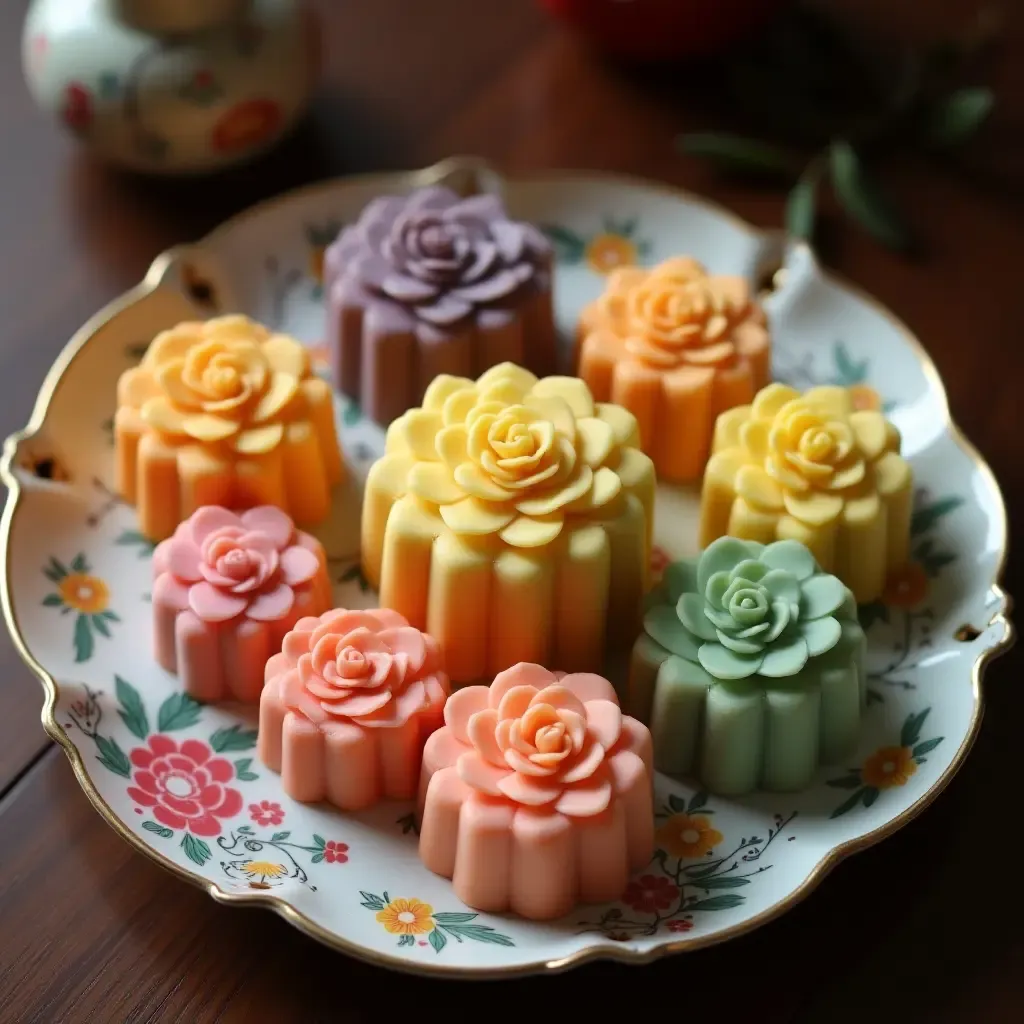 a photo of colorful Osmanthus cakes with floral patterns, served on a traditional Chinese porcelain plate.