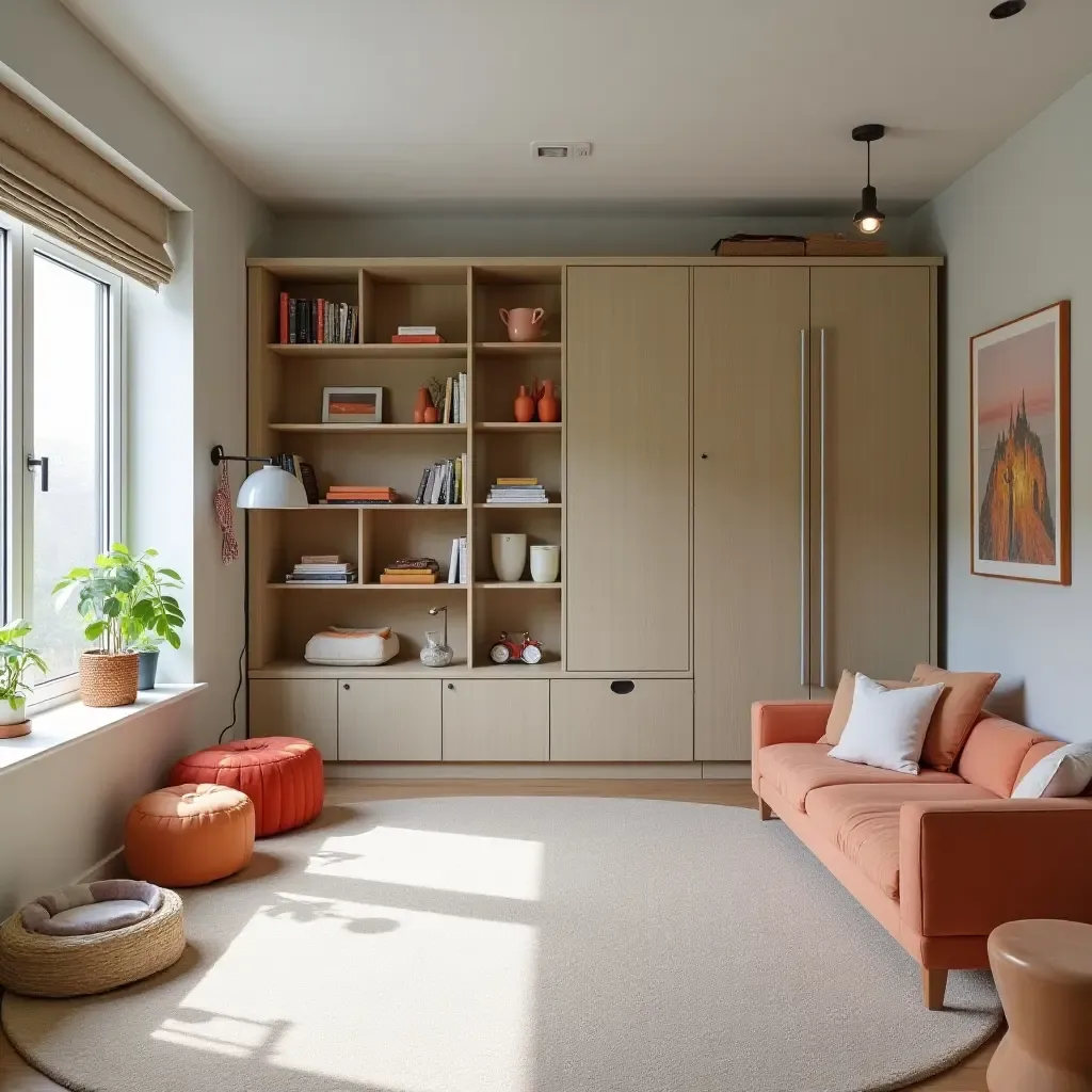 a photo of a chic basement playroom with stylish storage and colorful decor