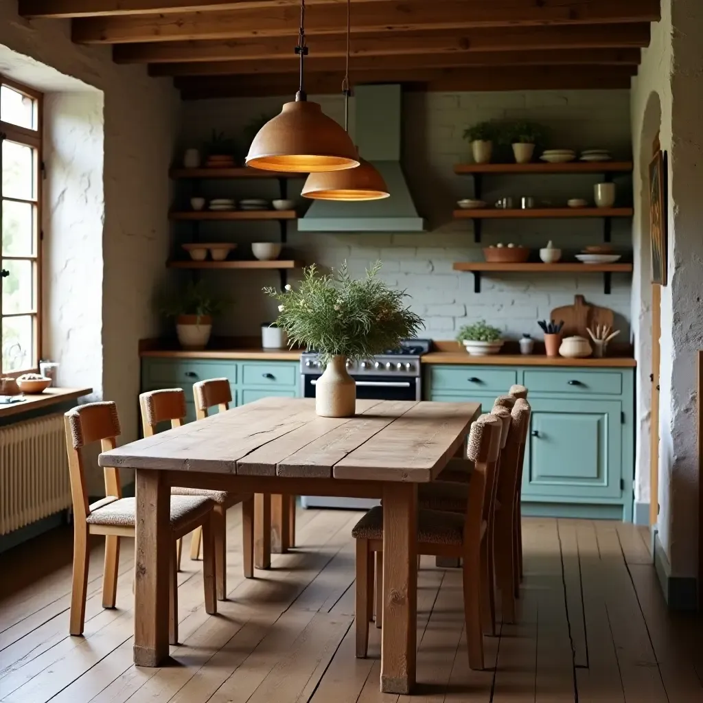 a photo of a kitchen with a rustic wooden table and comfortable chairs