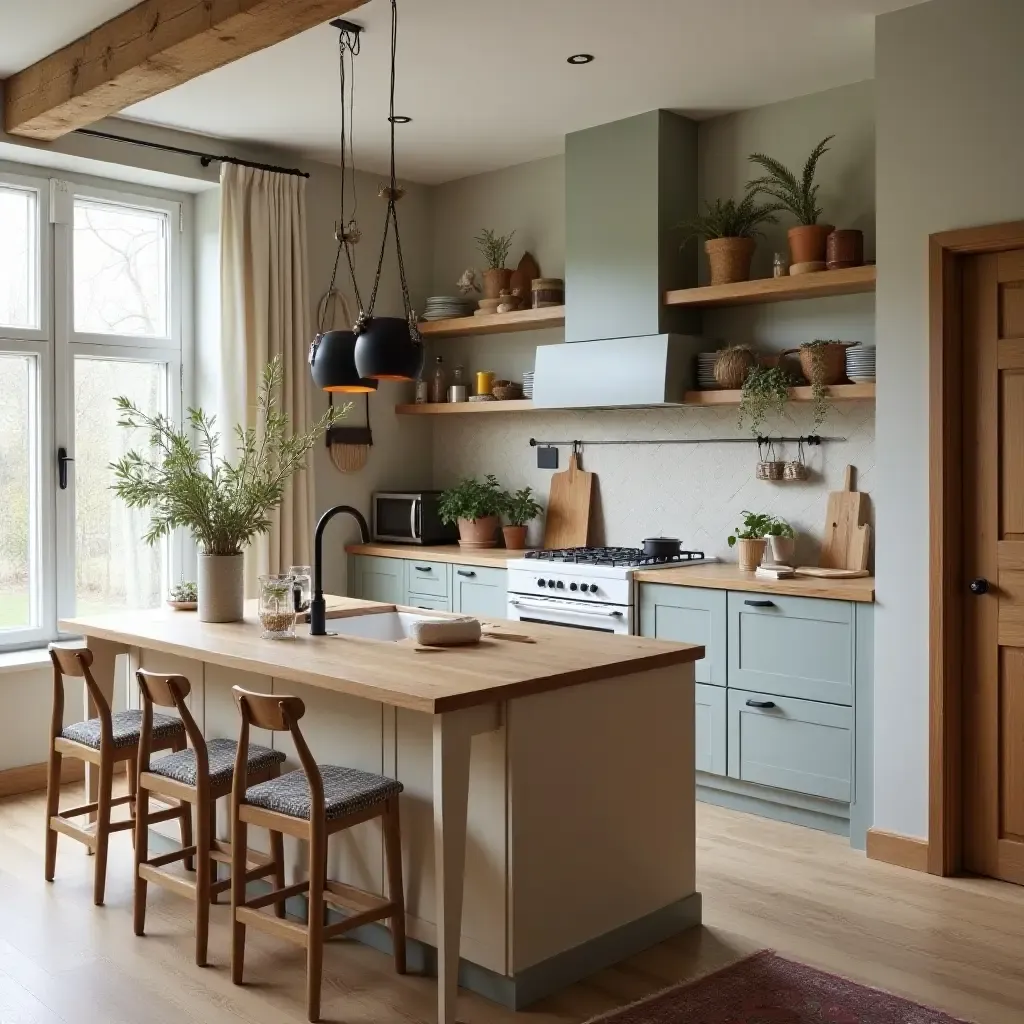 a photo of a stylish boho kitchen with a mix of modern and vintage elements