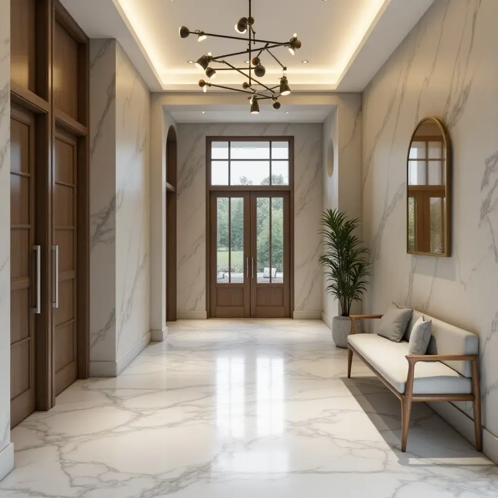 a photo of a modern foyer showcasing geometric shapes and metallic accents