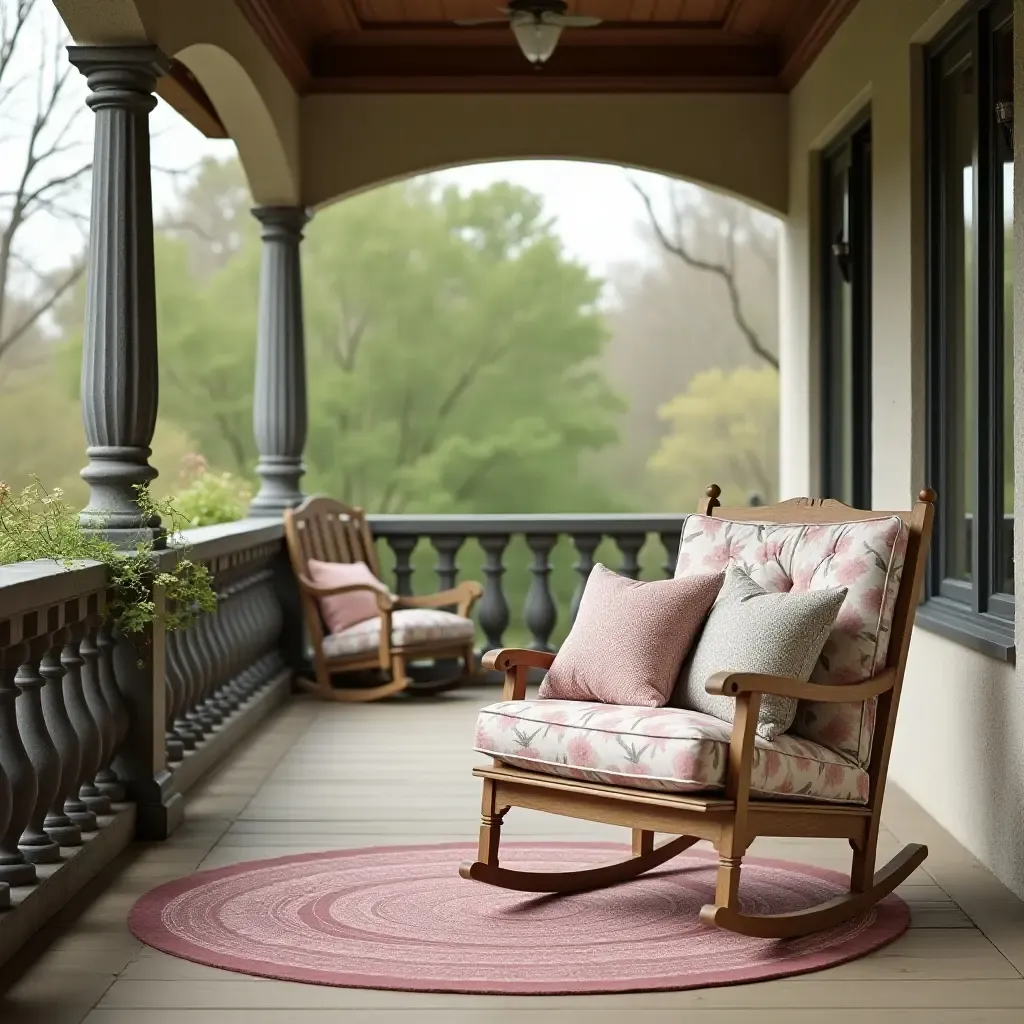 a photo of a vintage-style balcony with a rocking chair and cushions