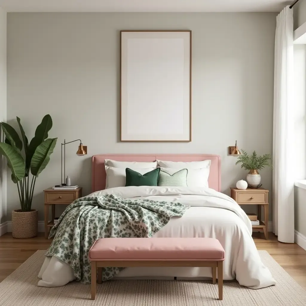 a photo of a coastal-inspired bedroom with dusty pink and green decor