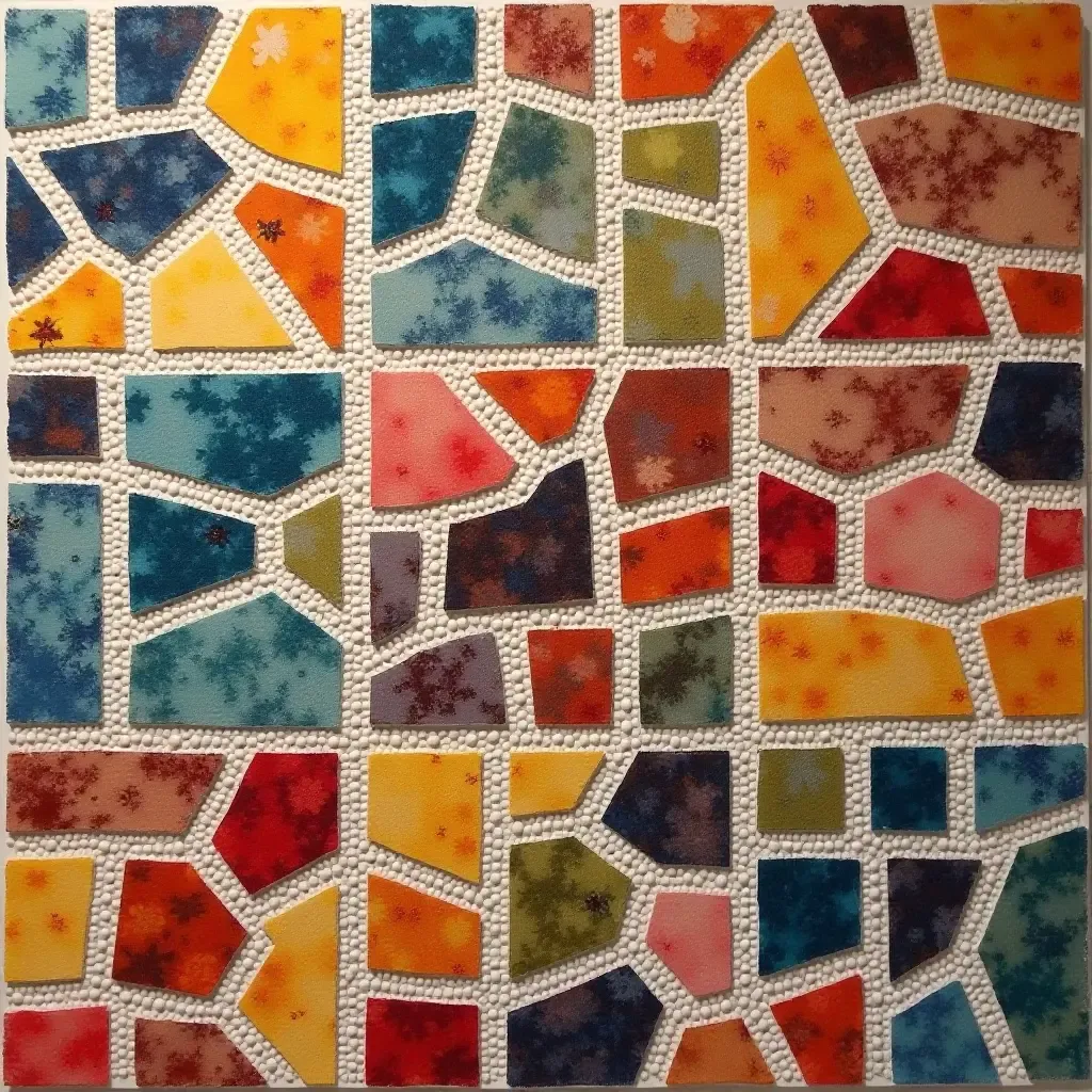 a photo of a mosaic tile inspired rug in vibrant colors