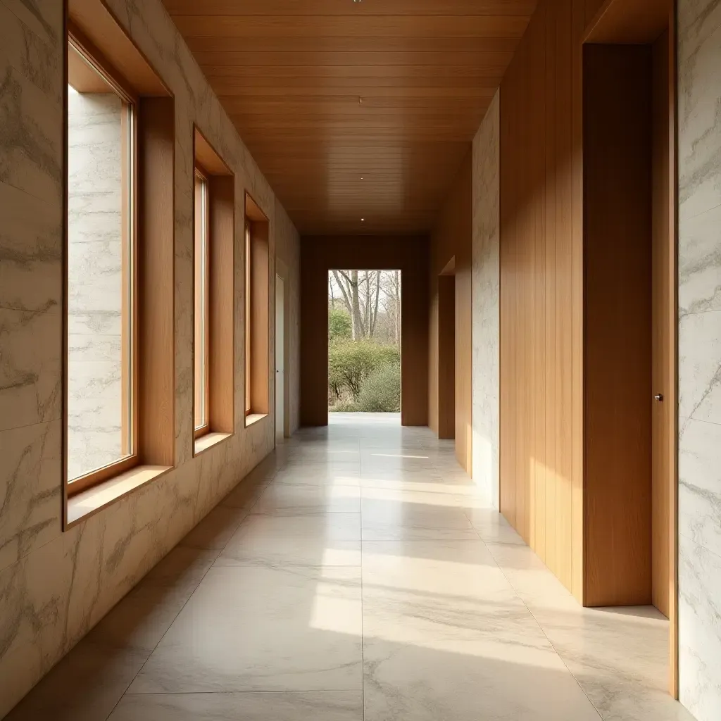 a photo of a corridor with wooden accents and natural textures