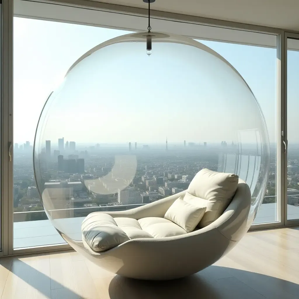 a photo of a suspended bubble chair with panoramic balcony views