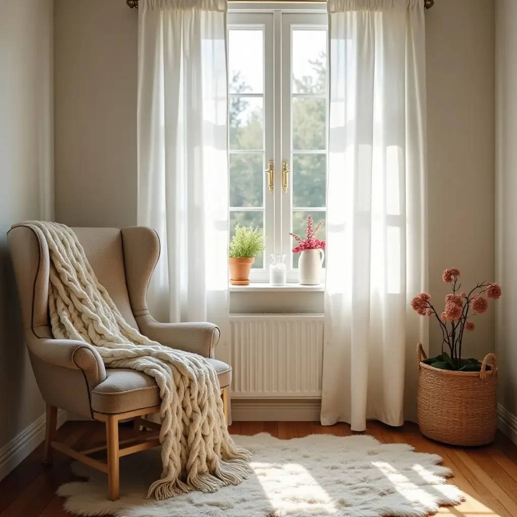 a photo of a sunlit room with a knitted throw and rustic decor