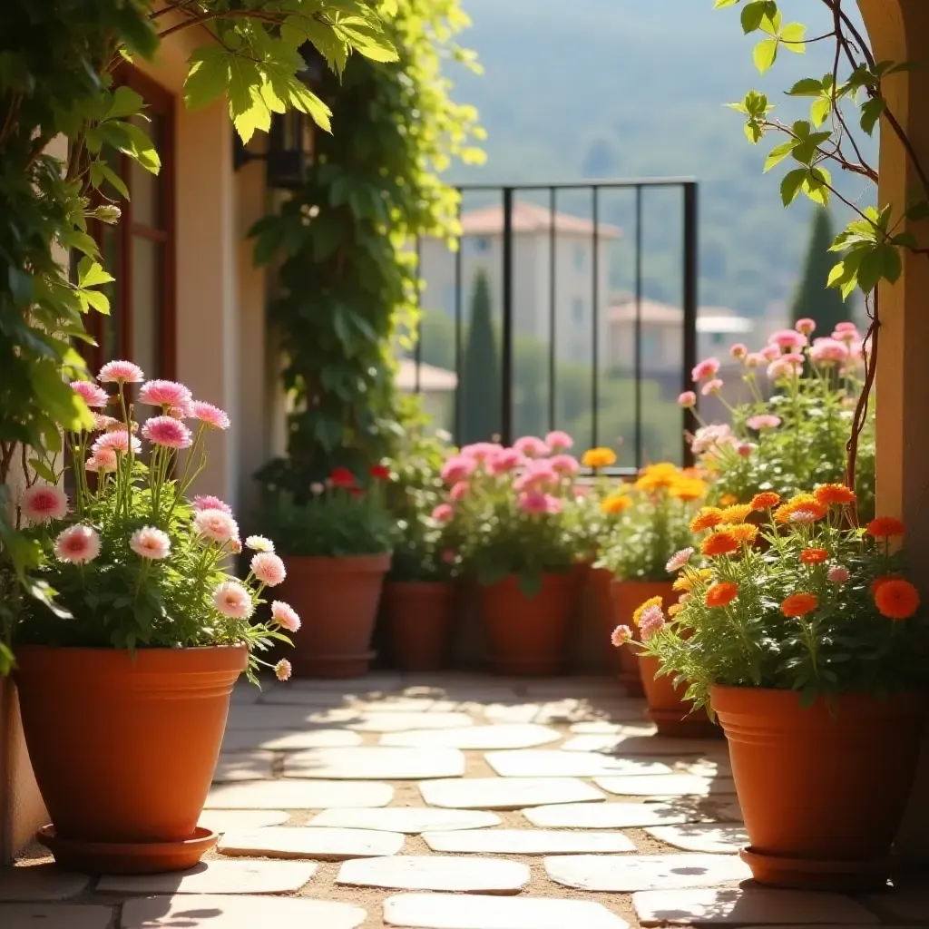 a photo of a sun-drenched terrace with terracotta pots and flowers