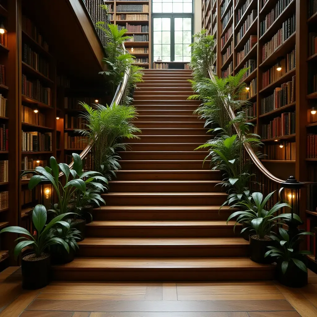 a photo of a library staircase lined with small plants