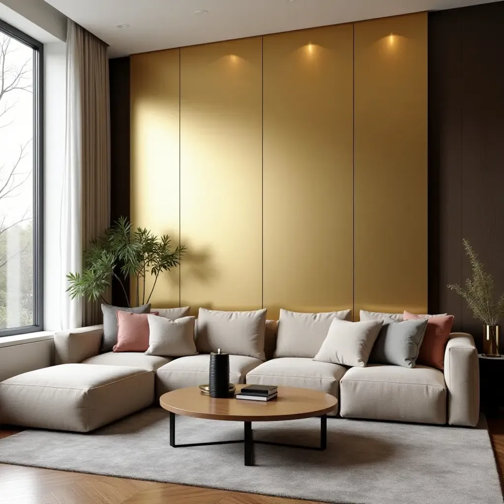 a photo of a contemporary living room with a metallic gold accent wall and plush seating