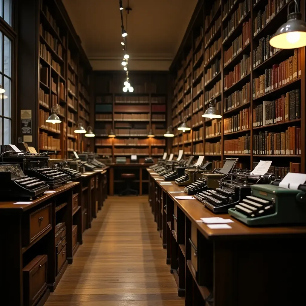 a photo of a library showcasing a gallery of vintage typewriters