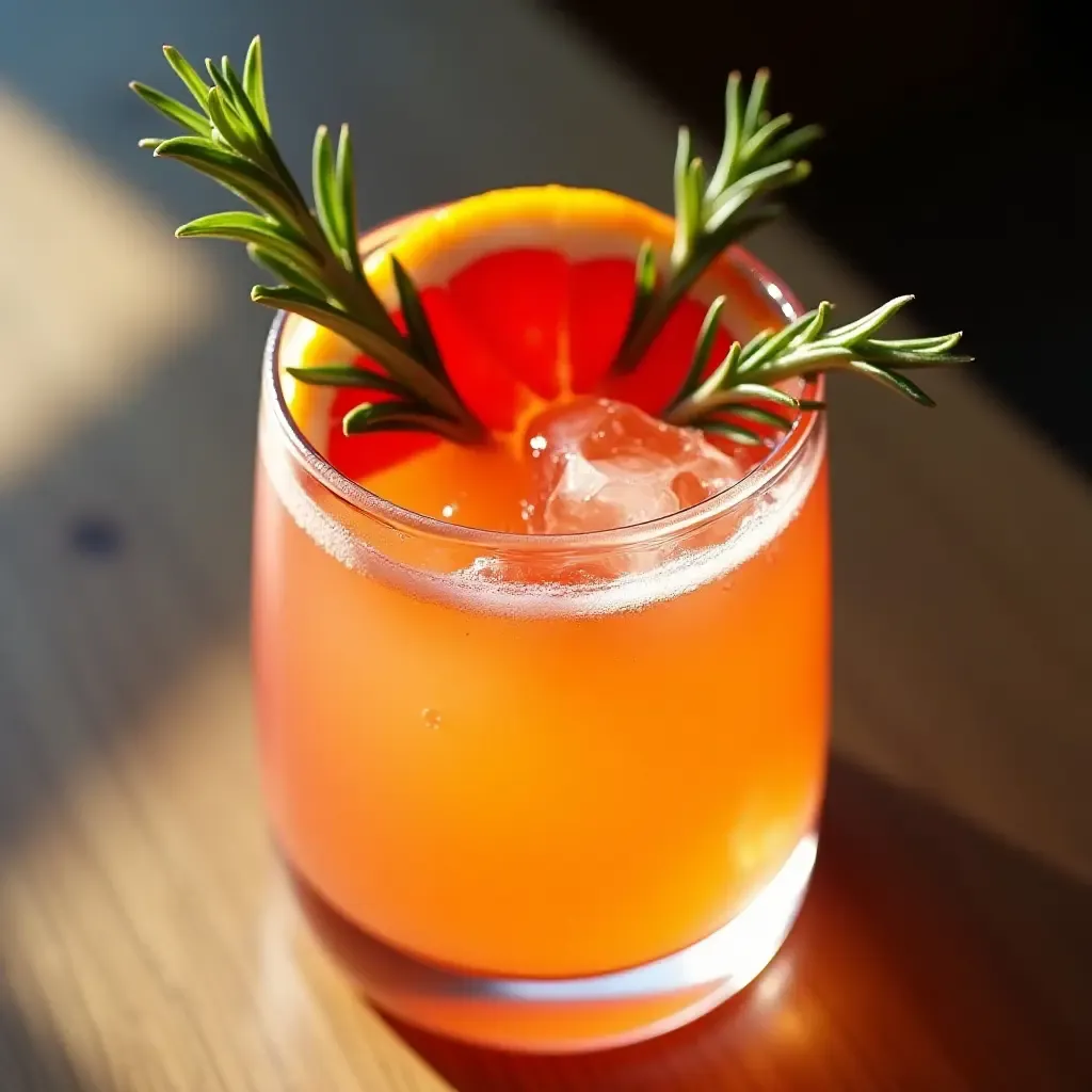 a photo of a creative Italian cocktail with a sprig of rosemary and a slice of blood orange, glowing in sunlight.