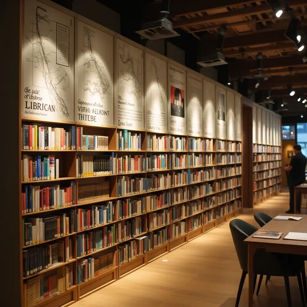 a photo of a library wall showcasing a timeline of literary history